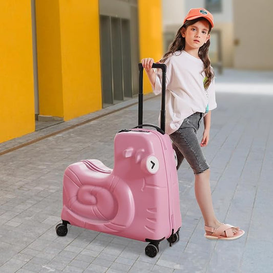 DNYSYSJ 20" Children's Ride On Luggage, Kid's Trolley Suitcase with Universal Wheels and Password Lock, Carry On Luggage Rolling Luggage, Aged 1-6 Years, ABS+PC (Pink, Snail Pattern)