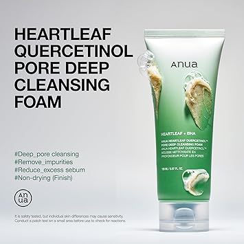 ANUA Heartleaf Quercetinol Pore Deep Cleansing Foam, Facial Cleanser, for Double Cleansing, BHA, Hyaluronic Acid, Glycerin, Face Wash, Blackhead Remover, Korean Skincare (150ml5.07 fl.oz.)