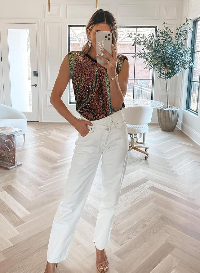 THLAI Tank Top for Women Sequin Tank Top Crop Top