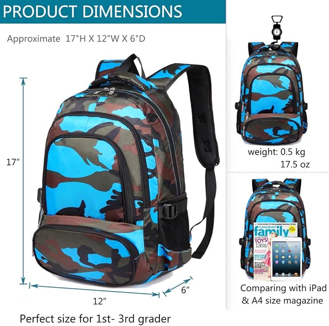 BLUEFAIRY School Backpack for Kids Boys Elementary Primary Middle School Bookbags Back to School Bags Gifts for Childs Mochila Escolares para Nios 17" Camo Blue