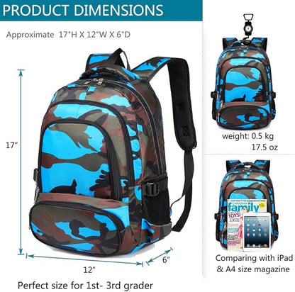 BLUEFAIRY School Backpack for Kids Boys Elementary Primary Middle School Bookbags Back to School Bags Gifts for Childs Mochila Escolares para Nios 17" Camo Blue