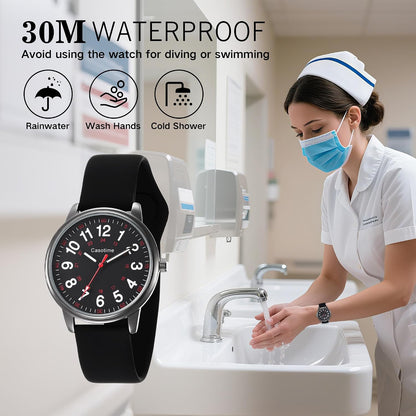 Casotime 30M Waterproof Nurse Watch - Luminous Easy Read Dial, Second Hand & 24H Military Time, Durable Silicone Band for Nurses, Medical Professionals, Students - Men and Women