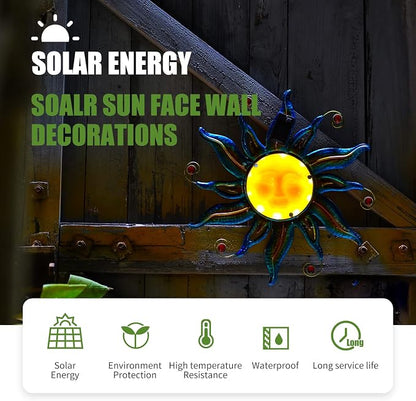 18-Inch Solar Sun Face Metal Wall Art with LED Lights, Blue