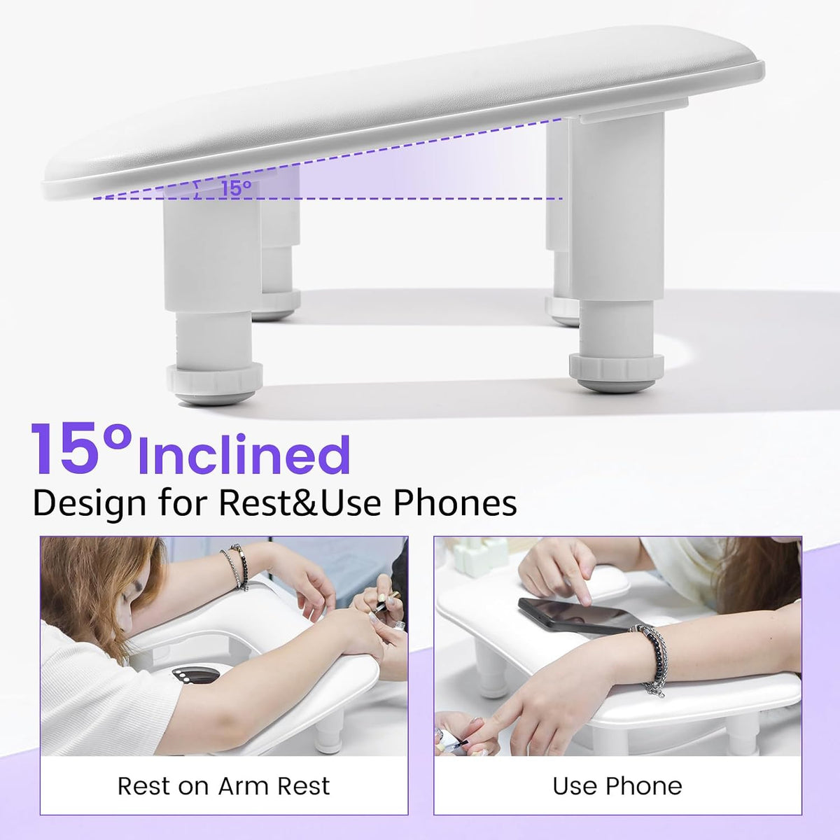 Big Arm Rest for Nails Tech, Height Adjustable, U-Shaped, White 2nd Gen, 3-Level Height Adjust, 15° Ergonomic Angle, Microfiber PU Leather, Anti-Slip Base, Tool-Free Setup for Acrylic Nails