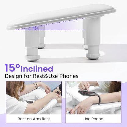 Big Arm Rest for Nails Tech, Height Adjustable, U-Shaped, White 2nd Gen, 3-Level Height Adjust, 15° Ergonomic Angle, Microfiber PU Leather, Anti-Slip Base, Tool-Free Setup for Acrylic Nails