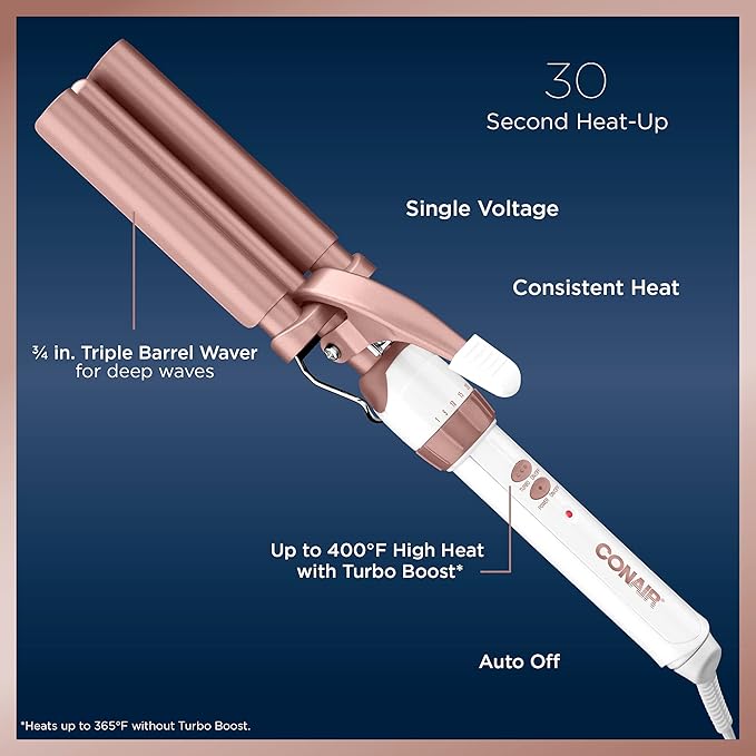 Conair Double Ceramic 3 Barrel Curling Iron, Hair Waver, Create Beachy Waves, Long-Lasting Natural Tight Waves for all Hair Lengths, White  Rose Gold