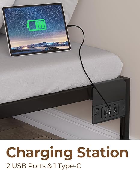 Rolanstar Bed Frame with USB Charging Station, Twin Bed Frame with LED Lights, Platform Bed Frame with Heavy Duty Steel Slats, 14" Storage Space Beneath Bed