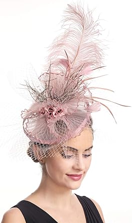 SAFERIN Fascinator for Women Hair Clip Hat Bowler Feather Flower Veil Wedding Party Hat Tea Hat
