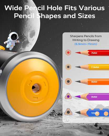JUPITEARTH Electric Pencil Sharpener for Kids, Hands-Free, Rechargeable, Auto in & Out Spaceship Fully Automatic Pencil Sharpener Fits 6.9-11mm Colored/No.2 Pencils for Classroom Home Office