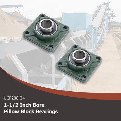 2Pcs UCF208-24 Pillow Block Bearings 1-1/2 Inch Bore Square Flange Mounted Pillow Block Bearing 4 Bolt, Self Alignment