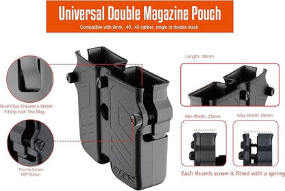 Universal Double Magazine Pouch Fit 9mm 10mm .40 .45 Caliber Dual  Single Stack Magazines, Black
