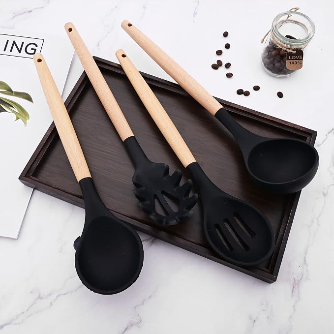 1pc Black Pasta Server, Silicone Pasta Fork with Wooden Handle, Noodle Spoon & Strainer