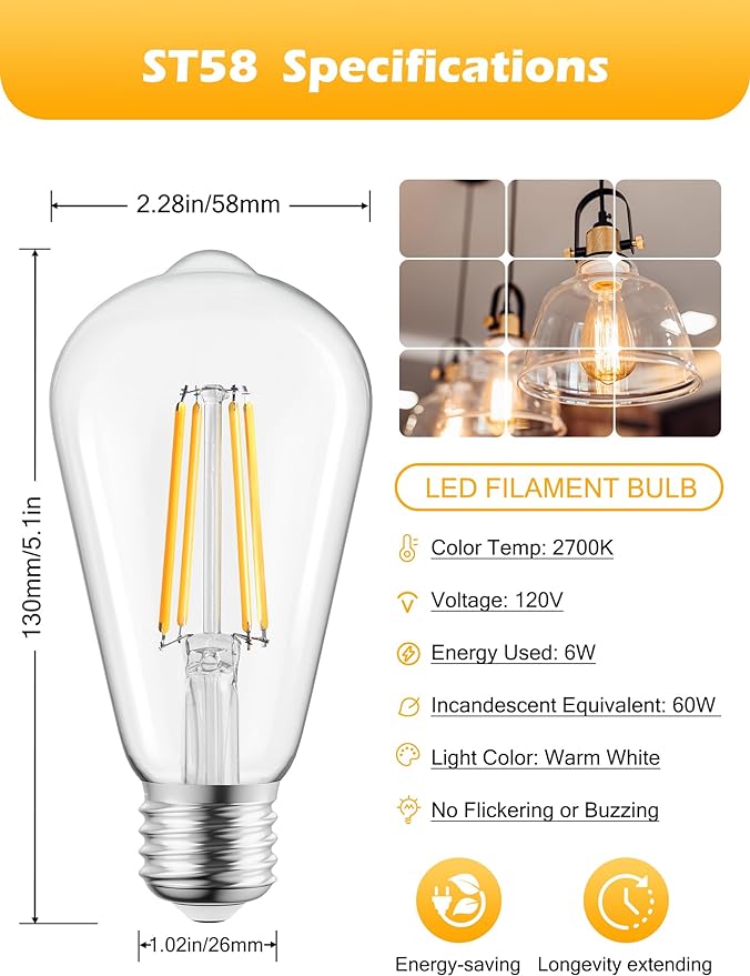 Brightown 6 Pack LED Edison Light Bulbs, 6W, Equivalent 60W, High Bright 2700K Warm White,750 Lumens, Non-Dimmable, E26 Base ST58 Antique Filament Bulbs with 80 CRI for Ceiling Fan Bathroom Porch