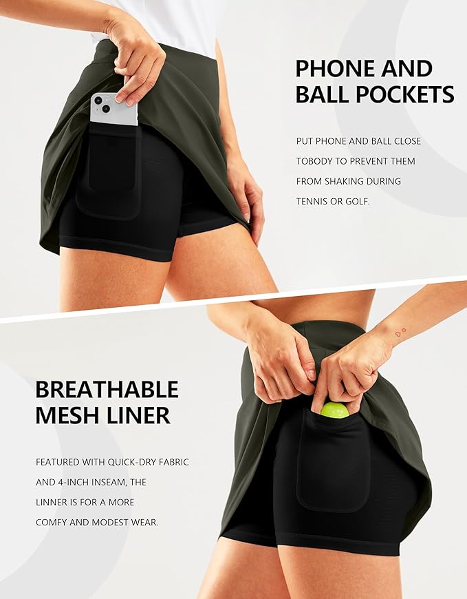 SANTINY 16" Golf Skorts Skirts for Women Zipper Pockets Women's High Waisted Tennis Skirt Athletic Skort