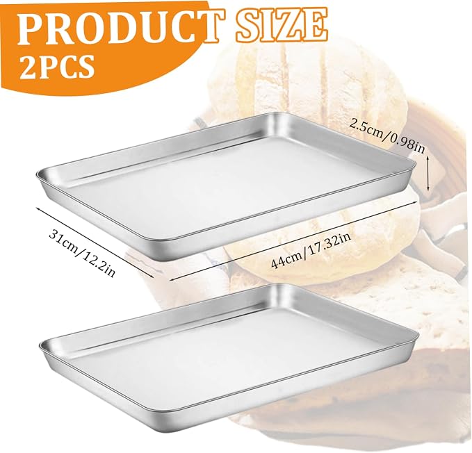 2Pcs Baking Sheet Pan, 17x12 Inch Stainless Steel Cookie Sheet, Rust-Proof & Safe Oven Baking Tray for Kitchen