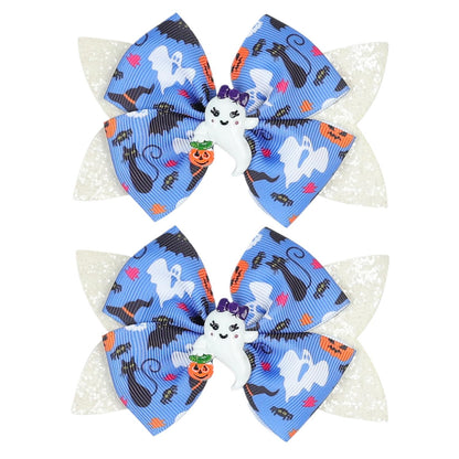 2PCS Hair Bows for Girls, Halloween Hair Clips, White Sequin Blue Bow Alligator Clip, Halloween Ghost Costume Dress Accessories Gift for Girls Teens Women