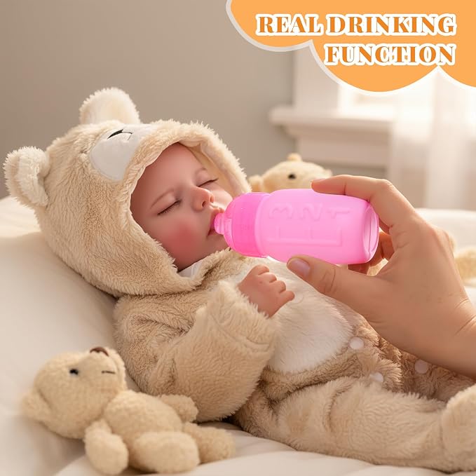 BABESIDE 17 Inch Drink and Wet Reborn Baby Doll, Full Soft Vinyl Girl | Closed-Eye Newborn Look, Realistic Details, Bear Outfit, Feeding and Diaper-Changing Play, Gift for Kids Ages 3+