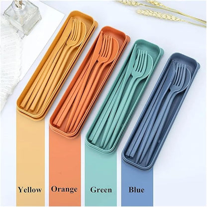 travel utensils 4PCSSet Wheat Straw Knife, Fork, Spoon And Chopsticks Set Students Outdoor Travel Portable Tableware(Orange)