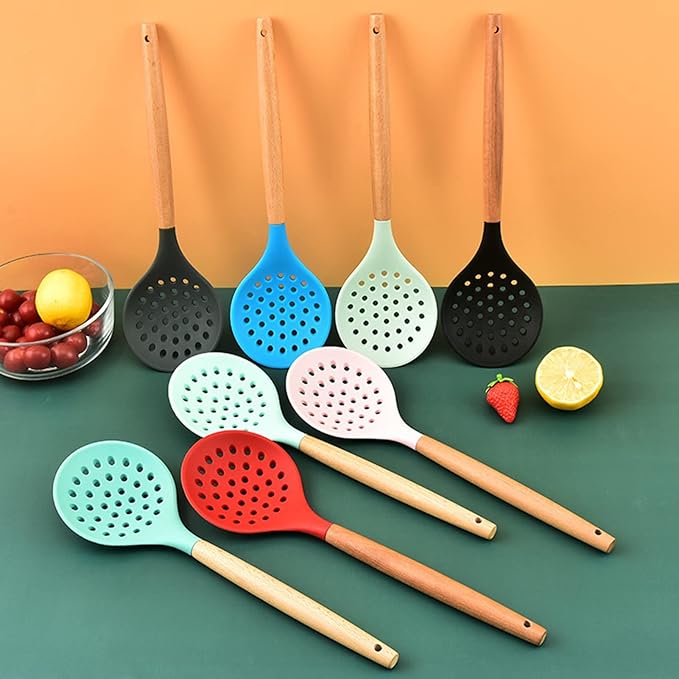Non-Stick Silicone Kitchen Utensils,Cooking Strainer Wooden Handle Colander Spoon Skimmer Strainer BPA Free for Baking & Serving light cyan 12.68" x 3.78"