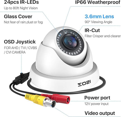 ZOSI 2.0MP HD 1080P 1920TVL Hybrid 4-in-1 TVI CVI AHD 960H CVBS CCTV Dome Camera Indoor Outdoor ,80ft Day Night Vision Aluminum Metal Housing For HD-TVI, AHD, CVI, and CVBS/960H analog DVR(White)