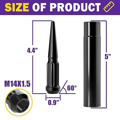 M14x1.5 Spike Lug Nuts, Set of 24 Black Spline Spiked Lug Nut with Key for Chevy Silverado 1500 GMC Sierra Yukon Tahoe Dodge Ram Ford F150, 14x1.5 Acorn Solid Metal Truck Lug Nut Wheel Accessories