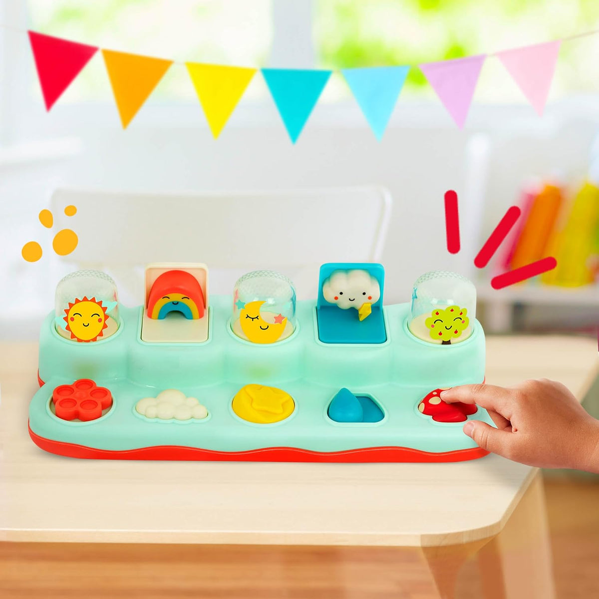 B. toys – Pop – Up Buddies – Cause and Effect Play – Learning Toys for Babies – Interactive Toy with Sun, Rainbow, Star – 18+ Months