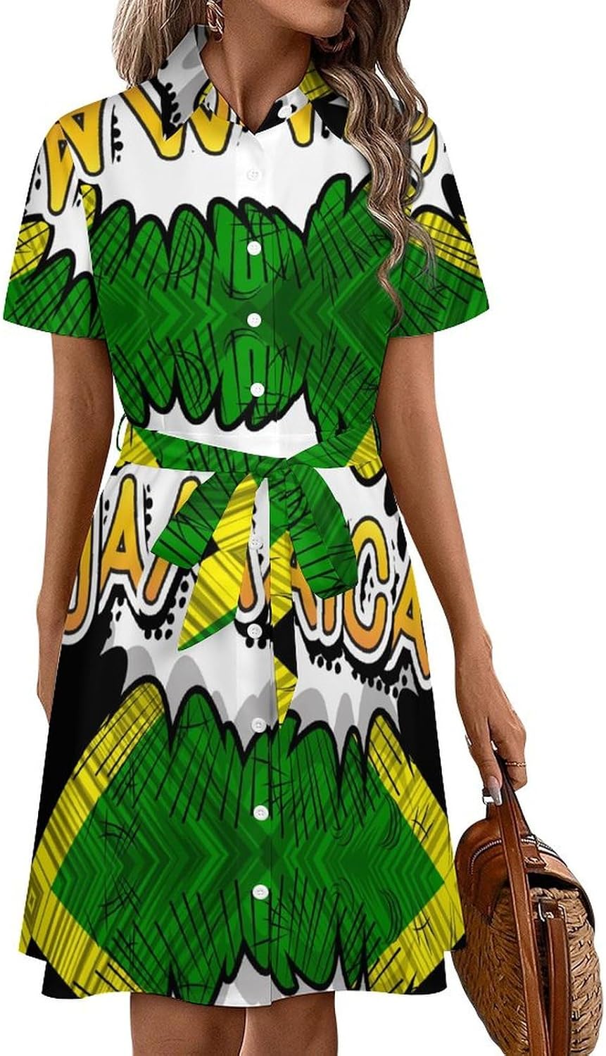 Dresses for Women Jamaican Flag Classic Lace-up Shirt Dress