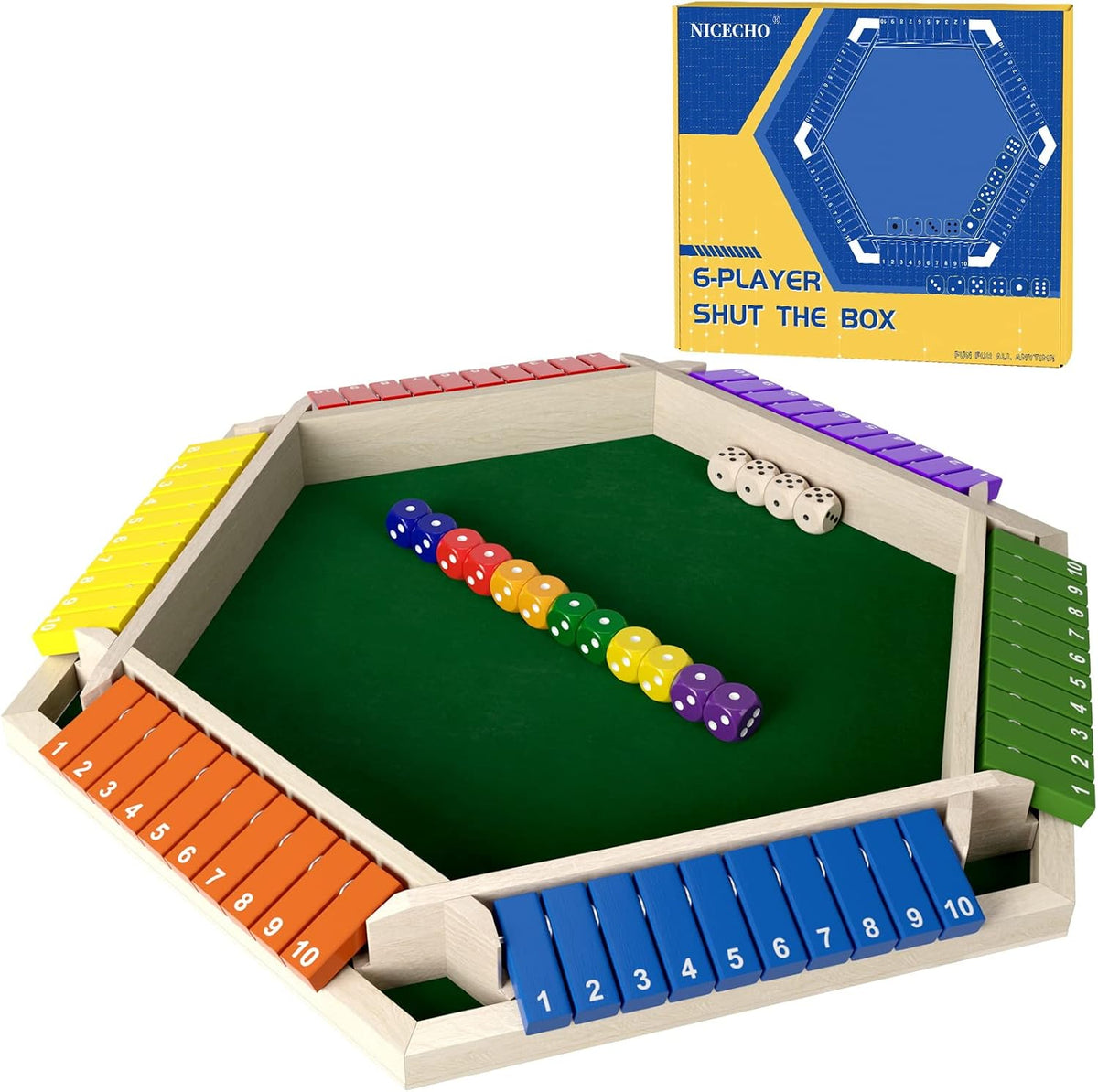 1-6 Players Shut The Box Dice Game, Wooden Board Table Math Game with 16 Dice, Classics Tabletop Version Games for Kids Adults, Family,Classroom,Home,Party or Pub