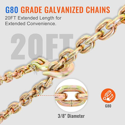 VEVOR 38"-12" Ratchet Chain Binder with Chain, G80 12000 lbs Secure Limit, Heavy Duty Load, Labor-Saving Anti-Skid Handle, Tie Down Hauling Chain Binders for Flatbed Truck Trailer, 2 Set  Yellow