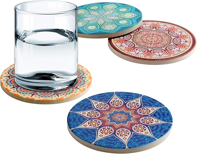 Coasters for Drinks Absorbent 4 Pack Ceramic Coasters Set,4" Stoneware Cup Mats with Cork Base Protection,Suitable for Kinds of Cups,Perfect Table Decor Housewarming Gifts.