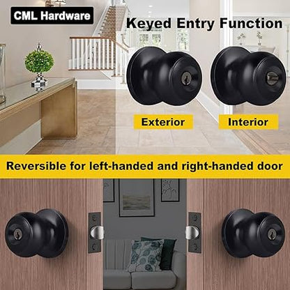 CML Hardware Matte Black Keyed Entry Door Knob for Entrance, Exterior and Interior Use, Round Ball Handle, Stainless Steel