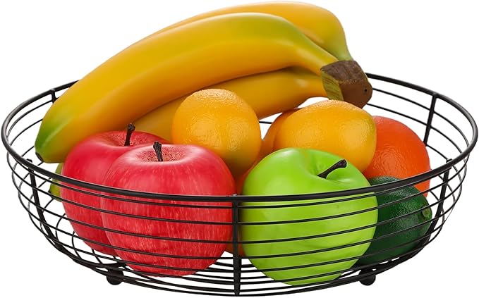 IBWell® Black Fruit Bowl for Kichen Countertop, Round Wire Fruits Breads Vegetables Snacks Canddy Basket - 11.5"x3.4"(DxH)
