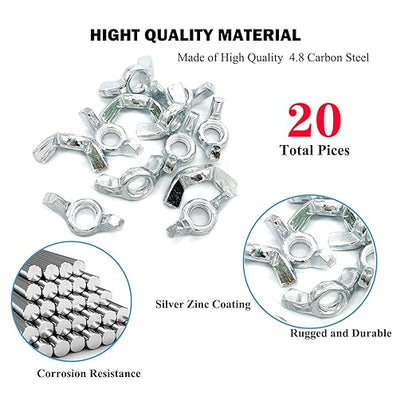 20 PCS 3/8-16 Inch Wingnuts, Quality Carbon Steel Wing Nuts Zinc Plated Fasteners Parts Butterfly Nut, Hand Twist Tighten Hardware Nuts Butterfly Wing-Nut 3/8-16” Assorted Kit