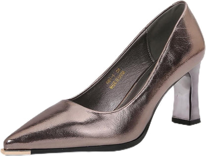 Women's Patent Block Heel Pumps, Pointed Toe with Metal Tip