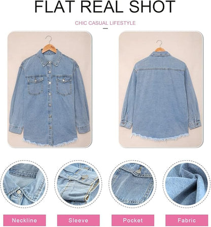 Dokotoo Women's Oversized Denim Jacket Casual Long Sleeve Denim Shirts Distresse Jean Jacket 2025 Spring Outfits