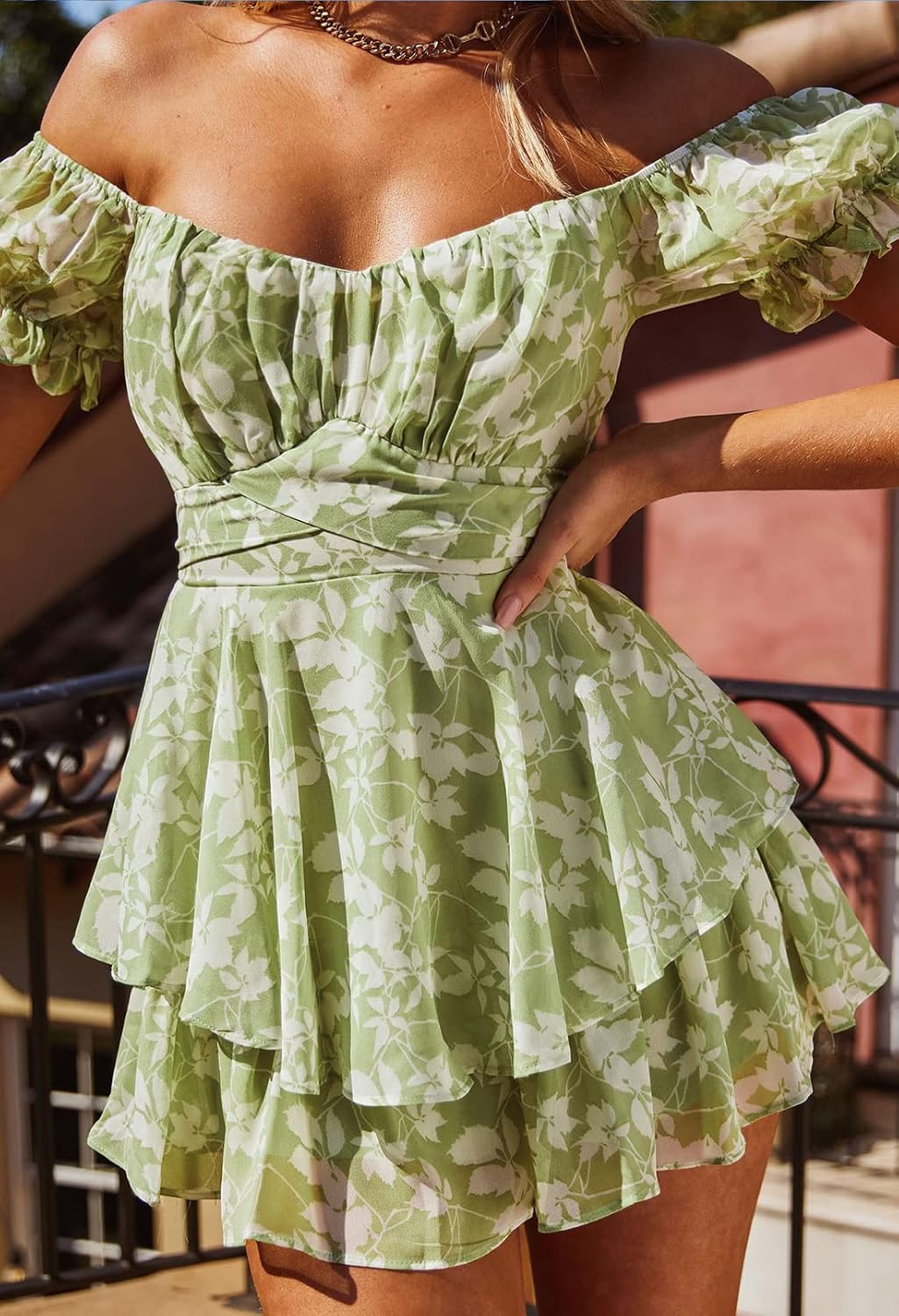 Fixmatti Women Boho Romper Off Shoulder Ruffle Chiffon Shorts Jumpsuit Playsuits