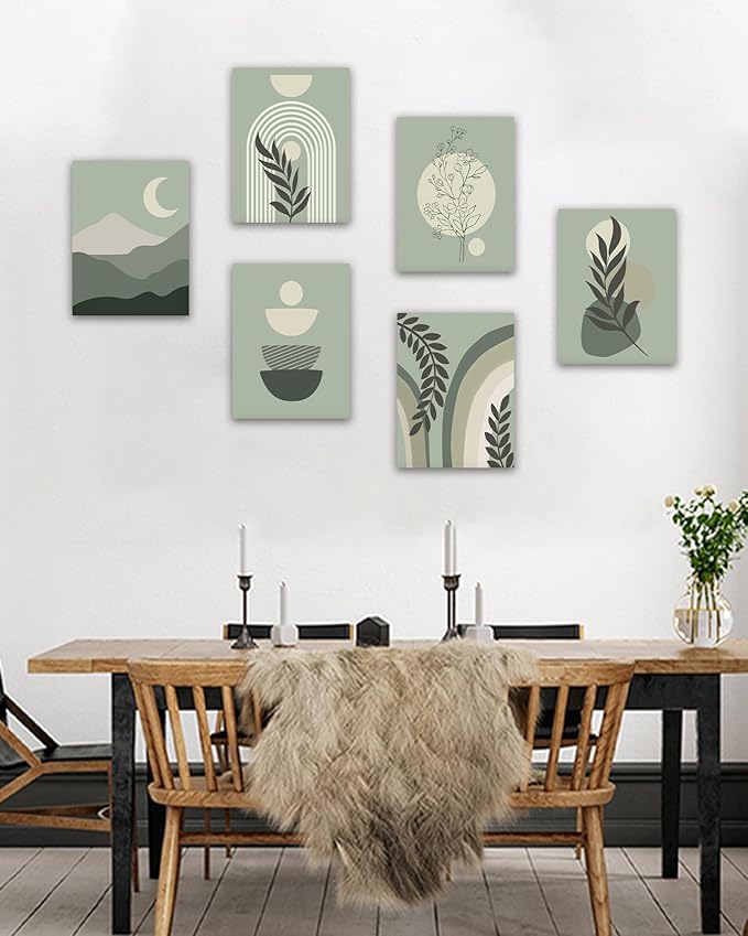 Drsoum Green Boho Wall Art Mid-Century Modern Wall Decor Canvas Framed Print Minimalist Botanical Abstract Geometric Aesthetic Neutral Boho Room Decor for Bedroom, Living Room, Bathroom 12"x16" ,Set