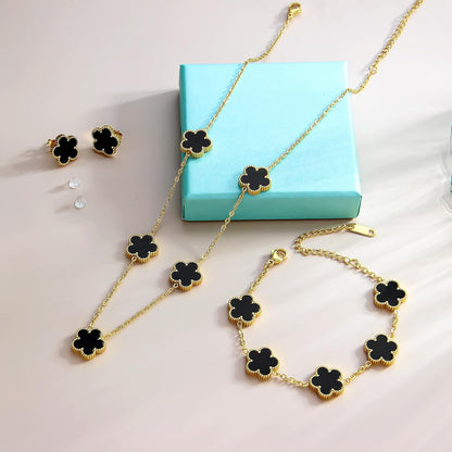 AmorArtSky Lucky Clover Jewelry Set - 18K Gold Plated Flower Design Five Leaf Bracelet, Necklace Pendant, Earrings for Women - Lucky Gifts for Mom, Wife, Daughter, Friends