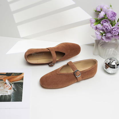 RIBONGZ Women's Flats Foldable Ballet Mary Jane Round Toe Dress Shoes with Ankle Strap Buckle Comfortable Slip On Leather Flat Girls Ballerina Shoes for Office Work Party Walking Casual