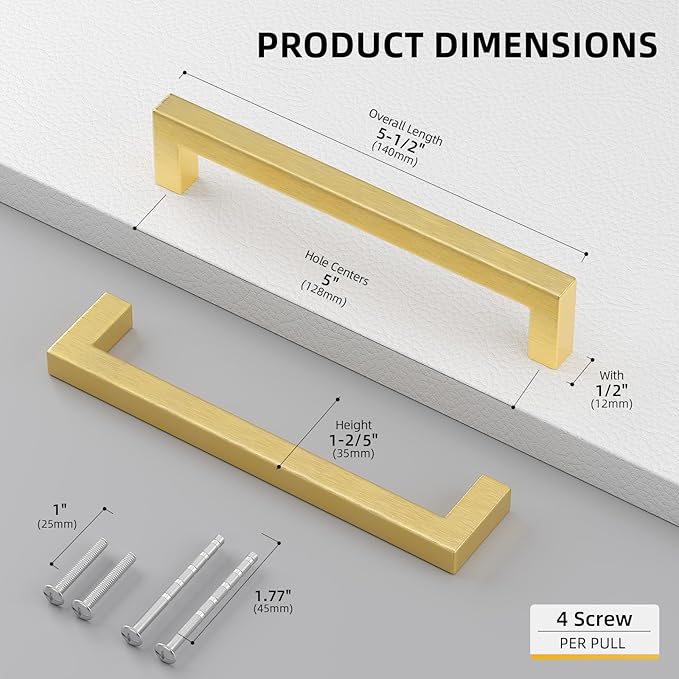 goldenwarm 45 Pack 5 inch Gold Cabinet Pulls Brushed Brass Drawer Handles Modern Square Stainless Steel Hardware Pull for Kitchen Cupboard Dresser