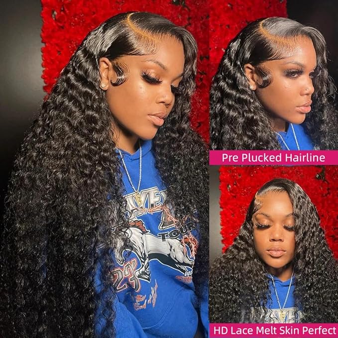 13x4 HD Deep Wave Lace Front Wigs Human Hair Pre Plucked Deep Wave Frontal Wigs Human Hair Curly Lace Front Wig Human Hair 180 Density Glueless Human Hair Wigs 24 Inch