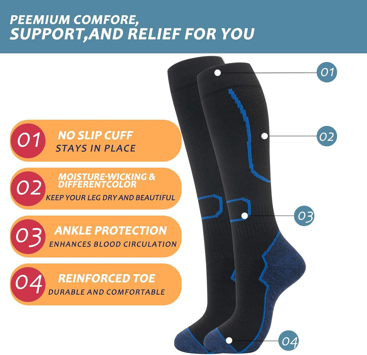 fenglaoda 3 Pairs Compression Socks for Women & Men Knee High Cute Circulation Socks for Nurse Pregnant Travel Athletic