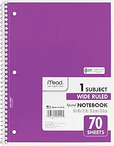 Mead Spiral Notebook, 1 Subject, Wide Ruled Paper, 70 Sheets, 10-12" x 7-12", Assorted Color (05510)