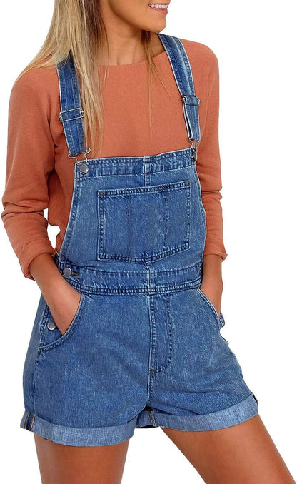 luvamia Women's Casual Adjustable Strap Cuffed Hem Denim Bib Overalls Shorts Romper