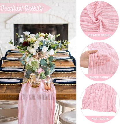 2 Pieces Pink Cheesecloth Table Runner Boho Gauze Fabric Table Runner Rustic Sheer Runner for Wedding Birthday Baby Shower Party Boho Table Decoration?Pink?