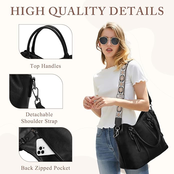 VASCHY Hobo Bags for Women, Vegan Leather Top Handle Satchel Shoulder Purse Handbag Purse with Crossbody Guitar Strap