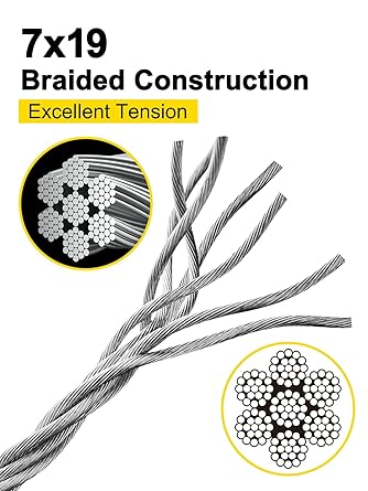 TooTaci 3/16 Wire Rope Cable, 100ft T316 Stainless Steel Cable 3/16 inch, Braided Steel Cable 7Ã—19 Strands, Marine Grade Aircraft Cable 3/16 for Cable Railing, Wire Railing for Deck,Porch Railing