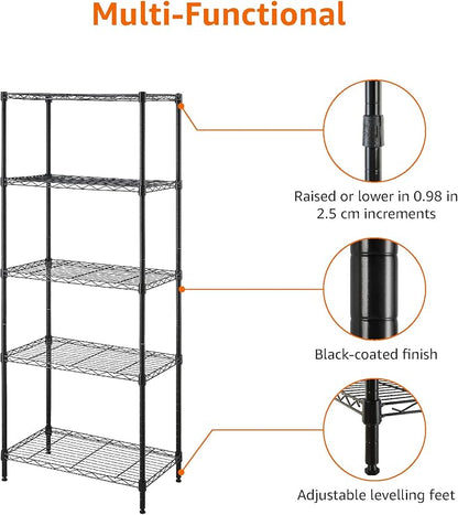 Basics 5-Shelf Multipurpose Adjustable Steel Garage Shelving Unit, Storage Rack for Kitchen, 200 lbs Per Shelf, Easy Assembly, 13.4"D x 23.2"W x 60"H, Black