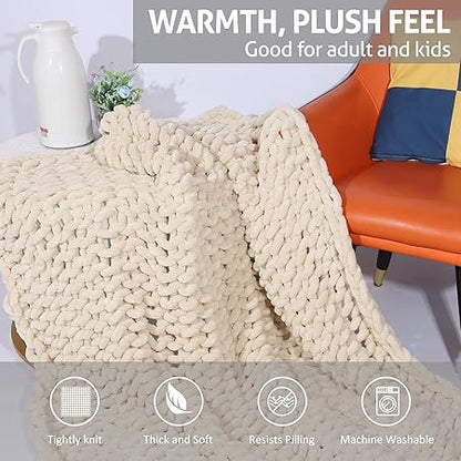 Chenille Chunky Knit Throw Blanket, Big Chenille Yarn Braided Crochet Throw Blanket: Handmade Soft Comfort for Couch Bed Sofa (Light Brown, 50"x60")