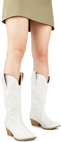 Zzheels Women Mid-calf Cowboy Boots Pointy Toe Boots Embroidered Western Cowgirl Boots Chunky Heels